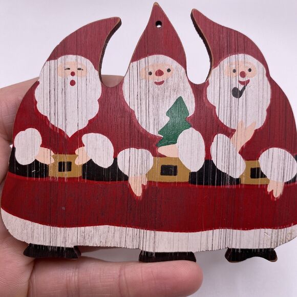 Hallmark 3 Santa Claus Wood Christmas Tree Ornament Handpainted 1986 Vintage - Picture 3 of 3